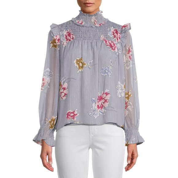 Floral Ruffled Poet Blouse High Neck Smocked Long Sleeves Sz XL NWT - Picture 1 of 8